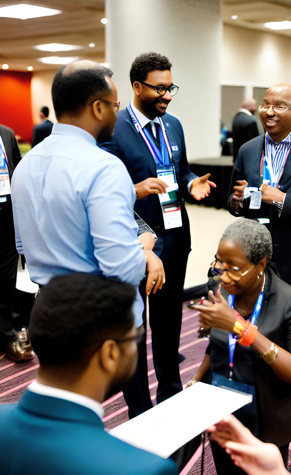 A diverse group of conference attendees engaged in discussions and networking, showcasing the inclusive nature of the event
