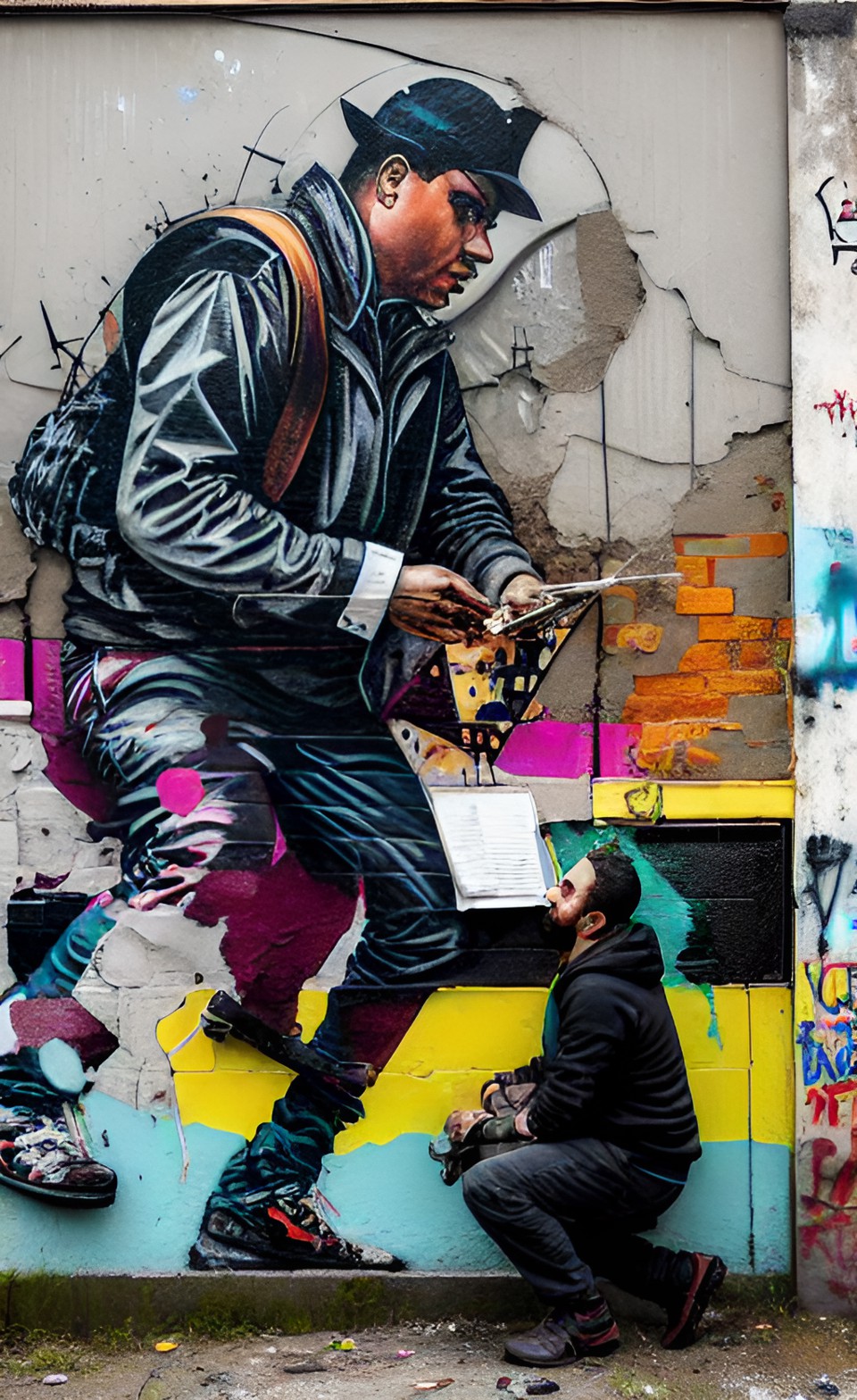 An artist creating street art amidst urban decay, symbolizing the risks faced by artists in expressing themselves in challenging environments